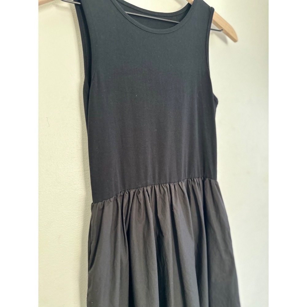Black Sleeveless Mixed Media Poplin Midi Tank Dress Minimalist Casual Vacation - Picture 2 of 7